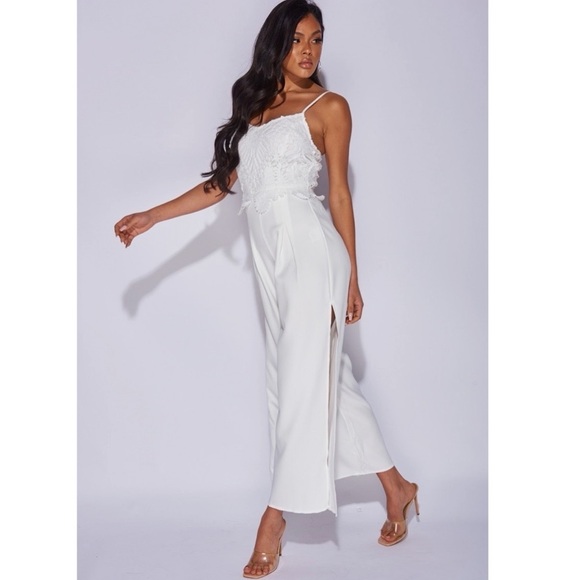 White Lace Sleeveless V-Neck Side Slit Wide Leg Jumpsuit Playsuit - Picture 7 of 15